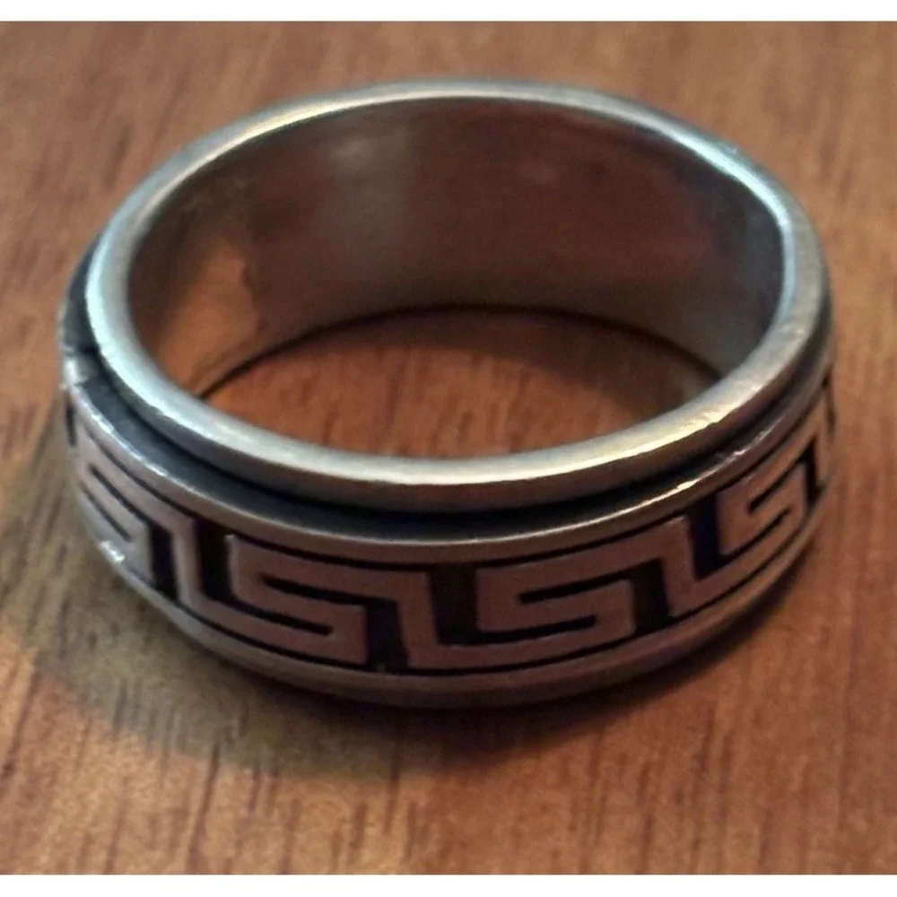 Vintage 925 Sterling Silver Greek Key Fidget Spinner Band Ring US Size 12, 10.8g
